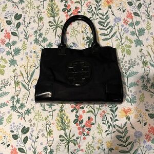 Tory Burch Black Nylon Tote with Patent Trim and Logo